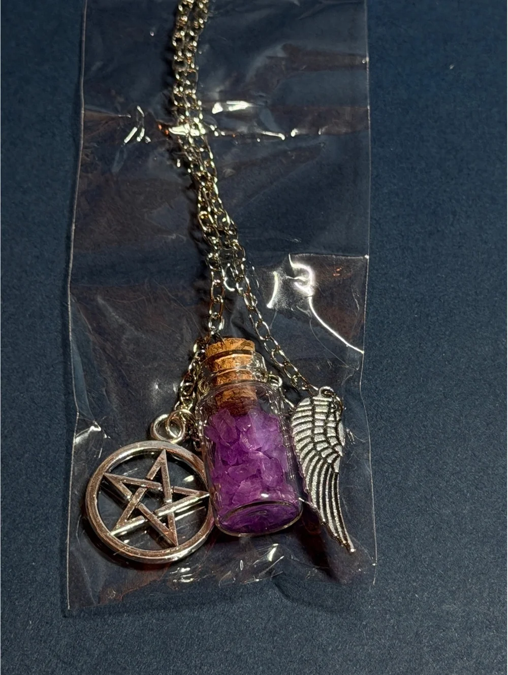 Supernatural Charm Angel Wing Pentagram Salt Pendant Protection Necklace